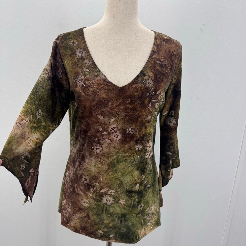 VTG Y2K Dressbarn Boho Fairy Forest Floral Blouse Stretch sz L Festival Hippie